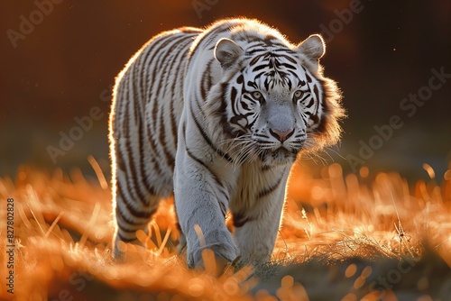 White tiger walking in grass during dark day  high quality  high resolution