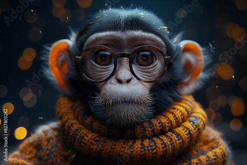 Close up of serious chimpanzee with glasses and dressed in sweater on dark transparent background. Selective focus. Wild animals concept 