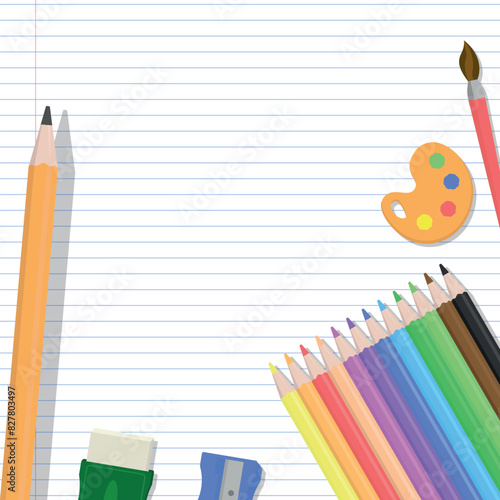 School Art Layout - Various School Supplies on Notebook Paper Background - Coloring Pencils, Big Pencil, Sharpener, Eraser and Paint Brush. Square Shape.