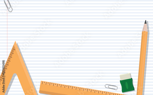 School Layout - Various School Supplies on Notebook Paper Background - Rulers, Pencil, Eraser and Clips. Rectangle Shape.