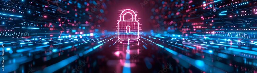 ภาพประกอบสต็อก Illustration of a lock in a neon cyber grid, glowing ...