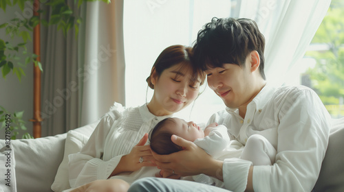 copy space, stockphoto, young japanese parents with baby sitting in the sofa. Young asian couple with baby, togetherness, proud parents enjoying free time with their first born baby.