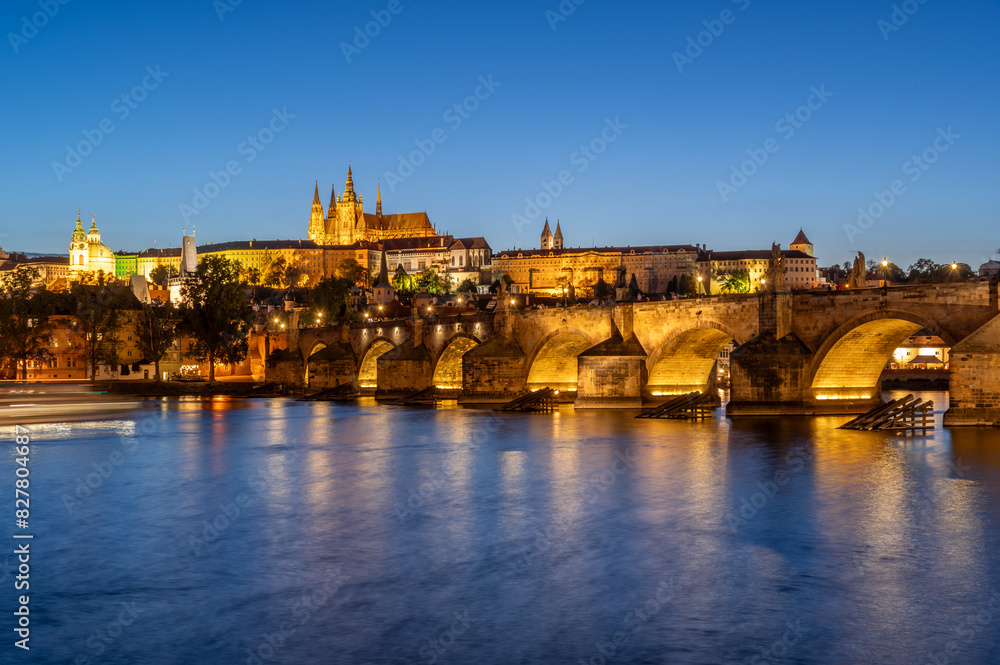 Charles bridge (Karlův most) and Hradcany castle hill over Vltava in the night, Prague, Czech Republic