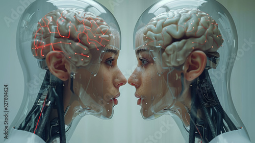 Two AI humanoid figures with visible brains communicate in a surreal, mirrored encounter.