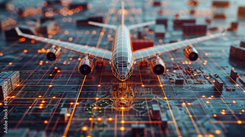 Futuristic airplane over a digital cityscape, symbolizing modern transportation.