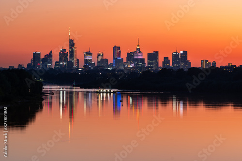 Panorama of Warsaw downtown skyline, Poland, over Vistula river during sunset