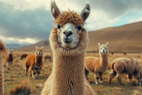 Close-up of a curious alpaca with scenic mountain range backdrop.
