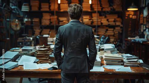 Stately figure overlooks a desk blanketed with documents in a vintage library setting.