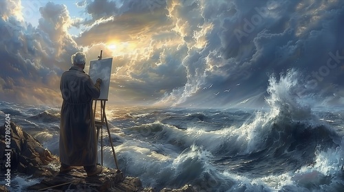 Artist Painting Stormy Seascape with Dramatic Sky and Waves