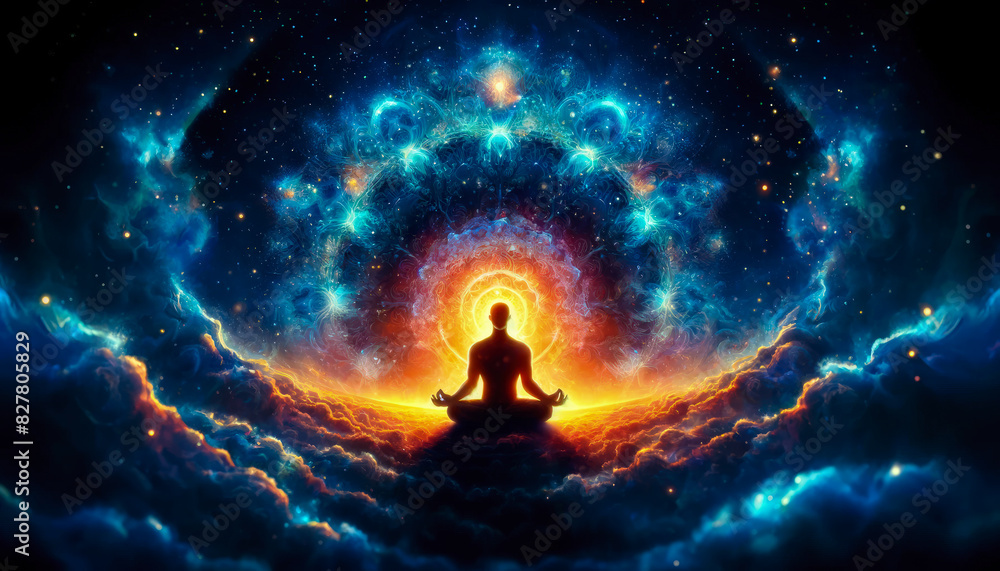 Third Eye: Serene Meditation In Cosmic Landscape With Radiant Energy And Galactic Backdrop, Ai Generated Third Eye: Serene Meditation In Cosmic Landscape With Radiant Energy And Galactic Backdrop, Ai Generated
