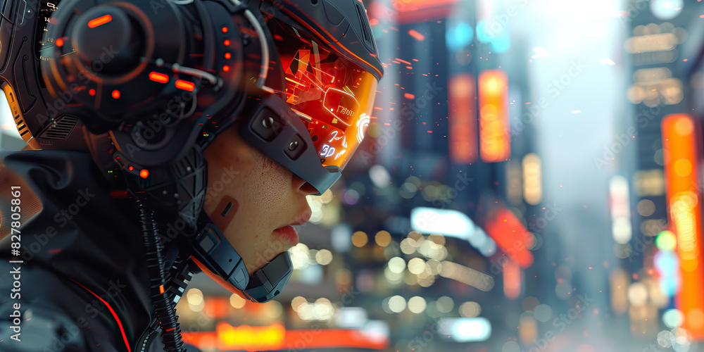 An augmented individual, their enhanced senses heightened to maximum, takes in the sights and sounds of the bustling city, their perception bordering on the superhuman