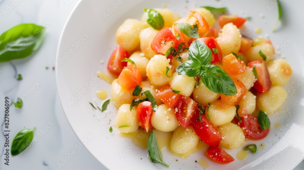 A plate filled with twirled pasta topped with vibrant red tomatoes and fresh green basil leaves A plate filled with twirled pasta topped with vibrant red tomatoes and fresh green basil leaves