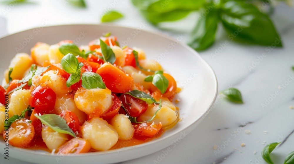 A plate filled with twirled pasta topped with vibrant red tomatoes and fresh green basil leaves A plate filled with twirled pasta topped with vibrant red tomatoes and fresh green basil leaves