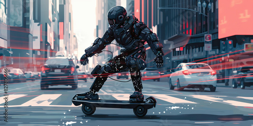 A netrunner, adorned in full body armor, races through the streets on their hoverboard, weaving in and out of traffic with ease and leaving a trail of digital breadcrumbs behind them photo