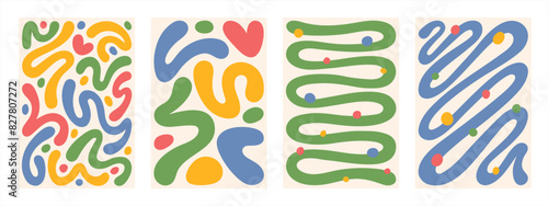 Trendy groovy abstract backgrounds set. Liquid, fluid organic blob shapes, heart, squiggles, doodle wavy stripes, lines inscribed in a rectangle. Bold scribbles, spots. Modern graphic design elements.