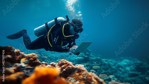 A scuba diver is working on a laptop underwater. Perfectly encapsulates the limitless possibilities of remote work and video conferencing.