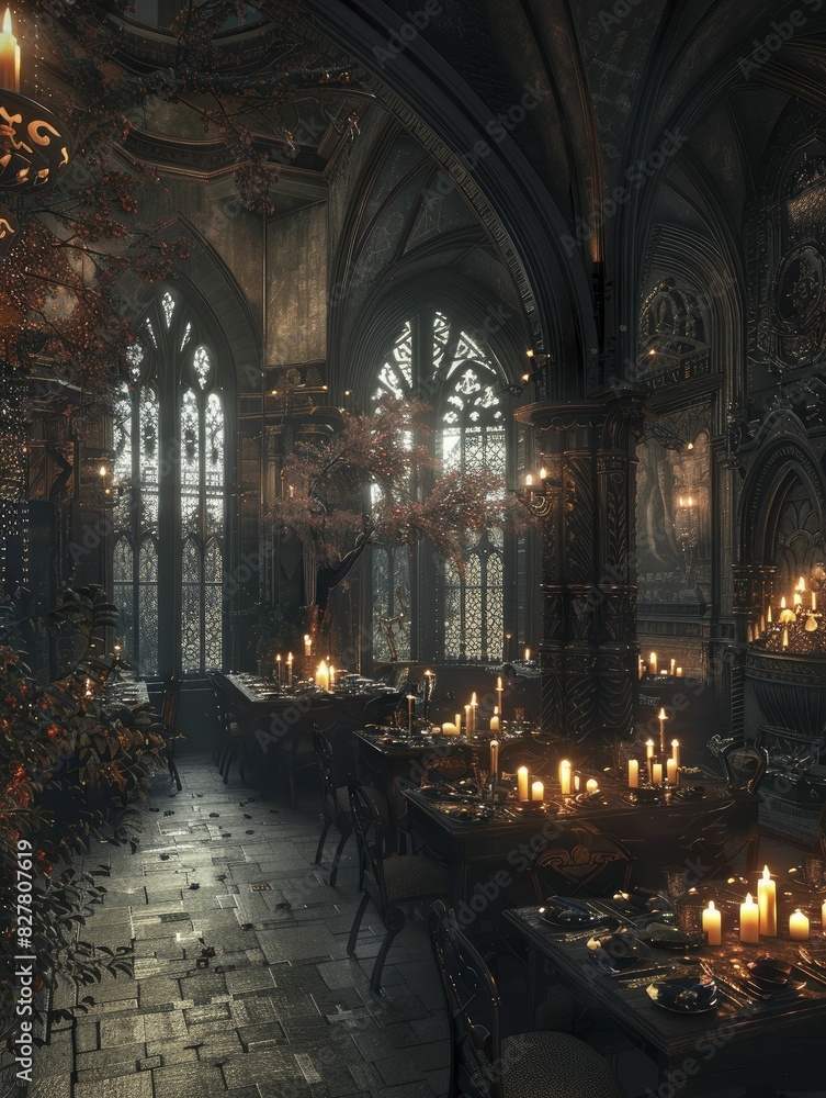 Fototapeta premium A dark, gothic dining room illuminated by candlelight, perspective view with rich textures, evoking a sense of intrigue and sophistication.