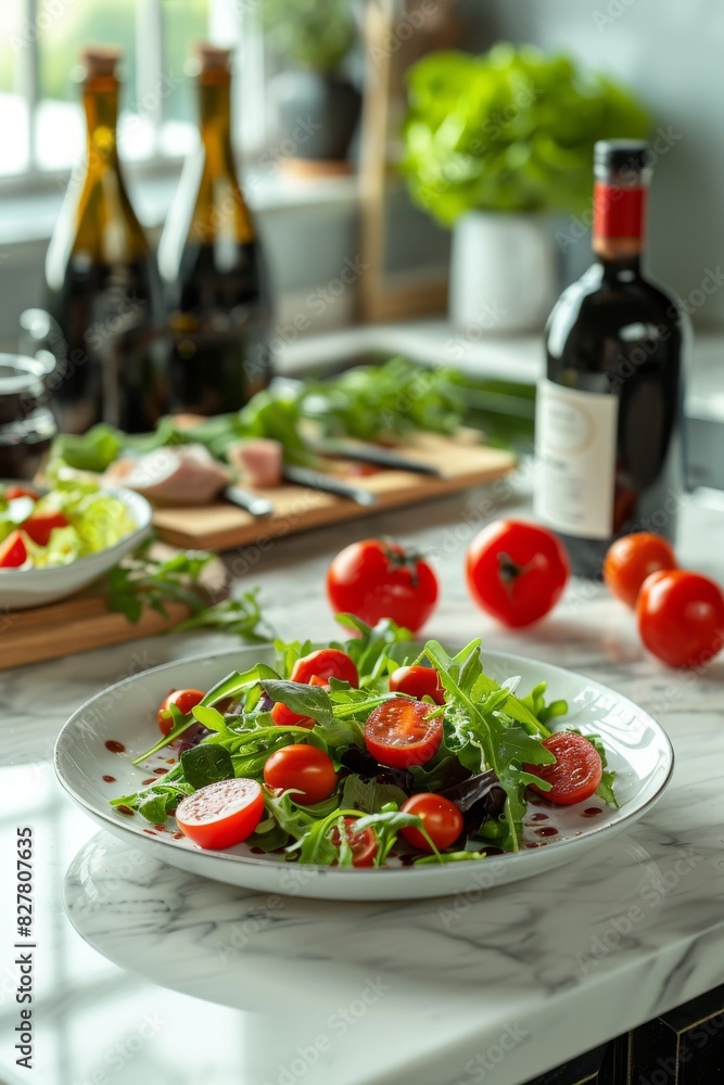 A plate of fresh salad with colorful vegetables and greens A plate of fresh salad with colorful vegetables and greens
