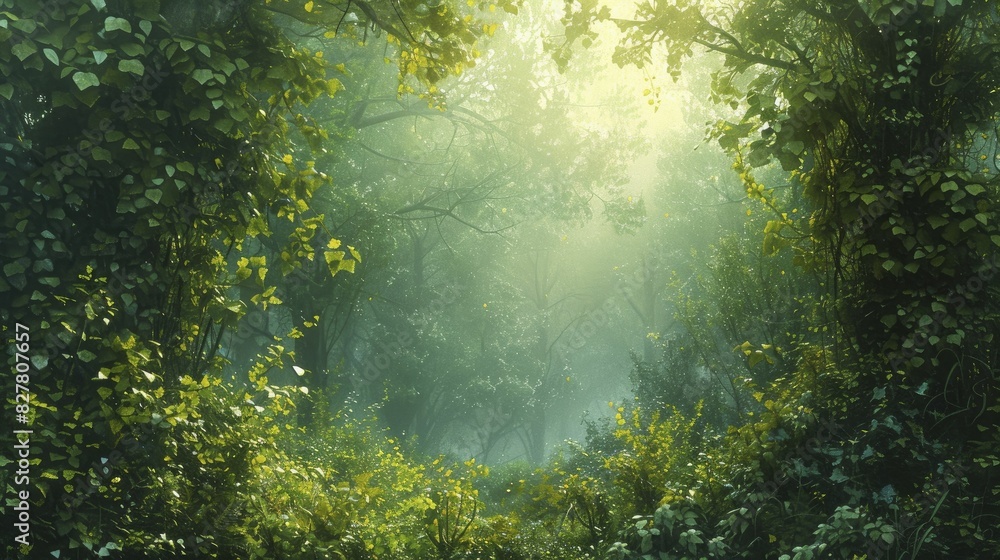 Obraz premium A dense, magical forest scene with intricately detailed ivy and foliage, wide angle with lush greenery, creating a sense of depth and natural beauty.