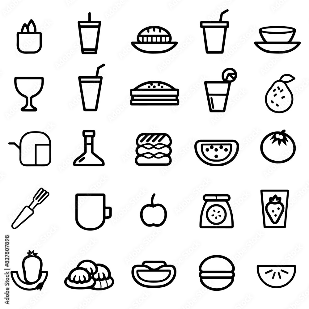 food icons set, set of vector icons with black outlines on a white background, related to the theme technology food icons set, set of vector icons with black outlines on a white background, related to the theme technology