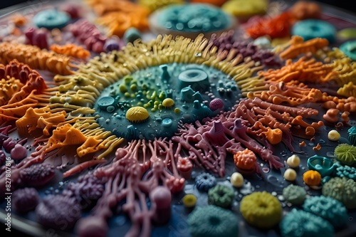 A bustling metropolis of microorganisms, each with their own unique role and purpose, thriving in harmony on a Petri dish canvas.