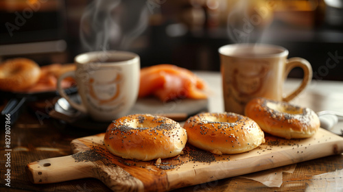 Smoked Salmon Bagels and Steaming Coffee on Rustic Table