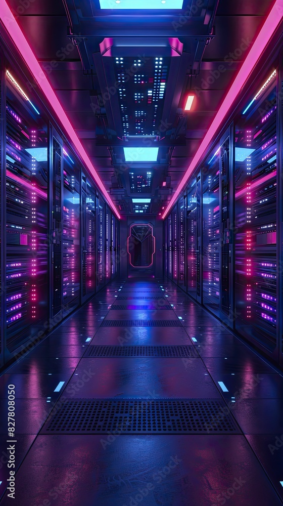A high-tech server room with futuristic lighting and digital displays, perspective shot with glowing lights, showcasing advanced technology and modern aesthetics. A high-tech server room with futuristic lighting and digital displays, perspective shot with glowing lights, showcasing advanced technology and modern aesthetics.