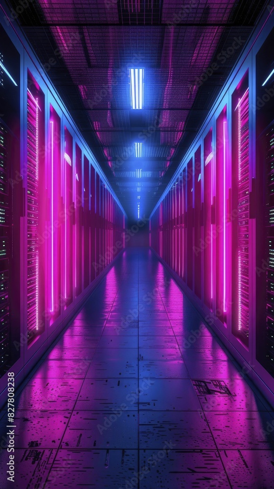 Fototapeta premium A neon-lit hallway filled with futuristic server racks, perspective shot with glowing lights, showcasing advanced technology and modern aesthetics
