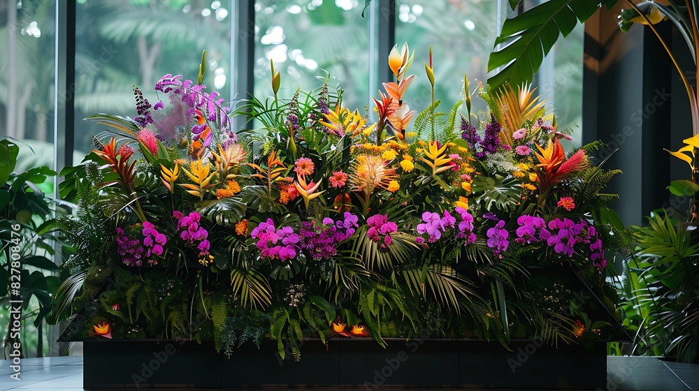 Elegant podium adorned with vibrant flowers and lush green plants, creating a colorful focal point.