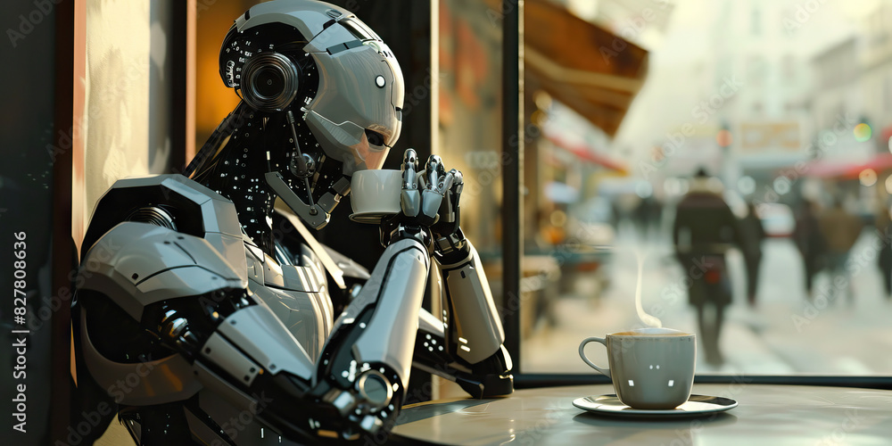 Fototapeta premium A cyborg, their metallic limbs gleaming in the light, casually sips coffee at an empty table in a corner cafe, blending in seamlessly with the crowd