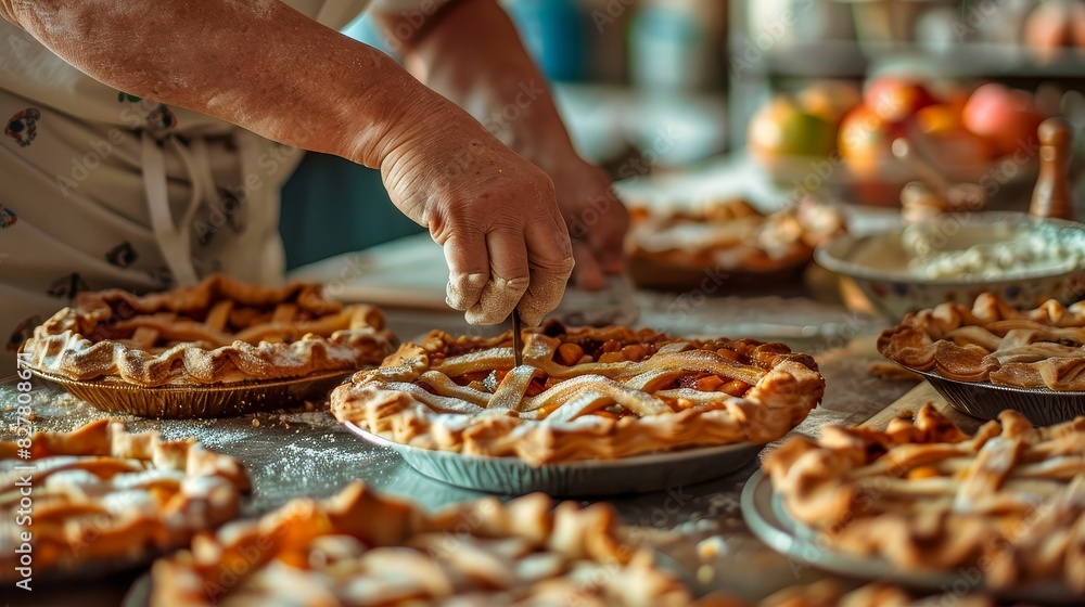 Local pastry chef baking homemade pies filled with freshly picked fruits in a quaint country kitchen Local pastry chef baking homemade pies filled with freshly picked fruits in a quaint country kitchen