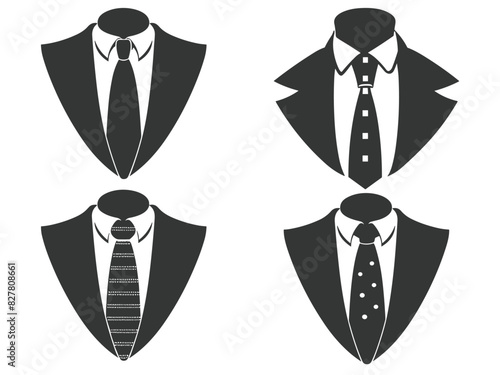 Business suits with tie silhouette set, suits tie silhouette, Flat Suit and Tie Icon, Tuxedo Silhouette, Stylish professional tuxedo.