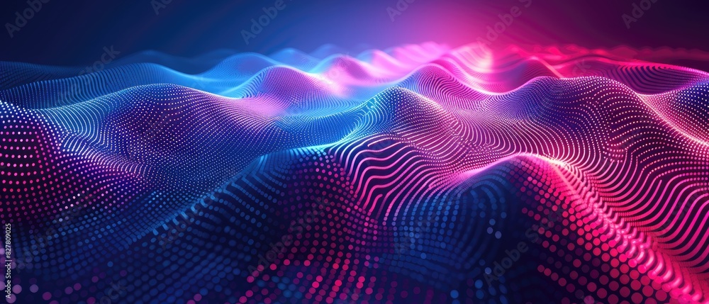 Blue and pink glowing 3D landscape made of tiny dots. Blue and pink glowing 3D landscape made of tiny dots.