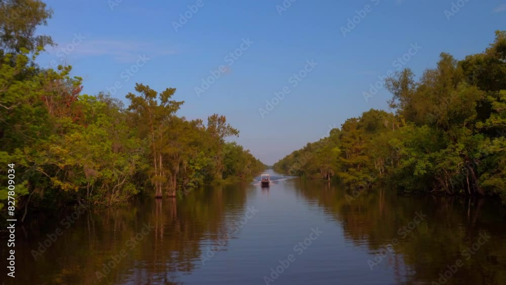 Aerial: Drone Forward Shot Of Motorboat Moving On Bayou Stream Amidst Green Trees In Tranquil Forest - Bayou Vista, Texas Aerial: Drone Forward Shot Of Motorboat Moving On Bayou Stream Amidst Green Trees In Tranquil Forest - Bayou Vista, Texas