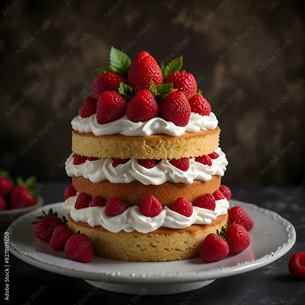 Lovely sponge cake with whipped cream, fresh raspberries and strawberries on top, presented on a platter against a rustic, dark backdrop. Lovely sponge cake with whipped cream, fresh raspberries and strawberries on top, presented on a platter against a rustic, dark backdrop.