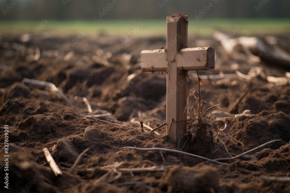 Solitary Wooden Cross Amidst A Ploughed Field. A Symbol Of Faith And Resilience. Generative AI Solitary Wooden Cross Amidst A Ploughed Field. A Symbol Of Faith And Resilience. Generative AI