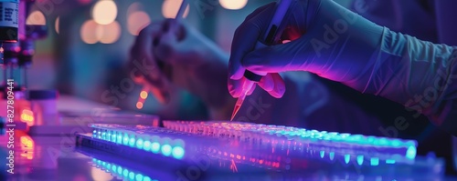 Innovative genetic lab using CRISPR technology to edit genomes with precision tools glowing under UV light photo
