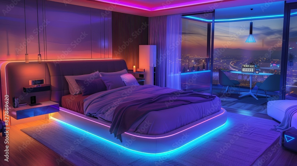 High-tech smart bedroom with a voice-activated bed, color-changing LED lights, and a digital assistant on the nightstand High-tech smart bedroom with a voice-activated bed, color-changing LED lights, and a digital assistant on the nightstand