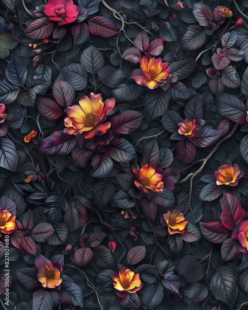 A dark botanical illustration, close-up with intricate vine patterns, subtle lighting and vibrant colors, capturing the natural beauty with a cinematic flair. A dark botanical illustration, close-up with intricate vine patterns, subtle lighting and vibrant colors, capturing the natural beauty with a cinematic flair.