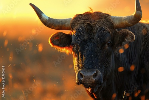 Digital artwork of close up of golden horned bull,, high quality, high resolution