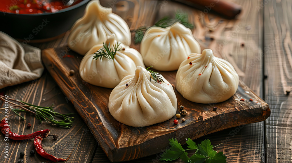 Delicious Georgian khinkali arranged on a wooden kitchen board Delicious Georgian khinkali arranged on a wooden kitchen board