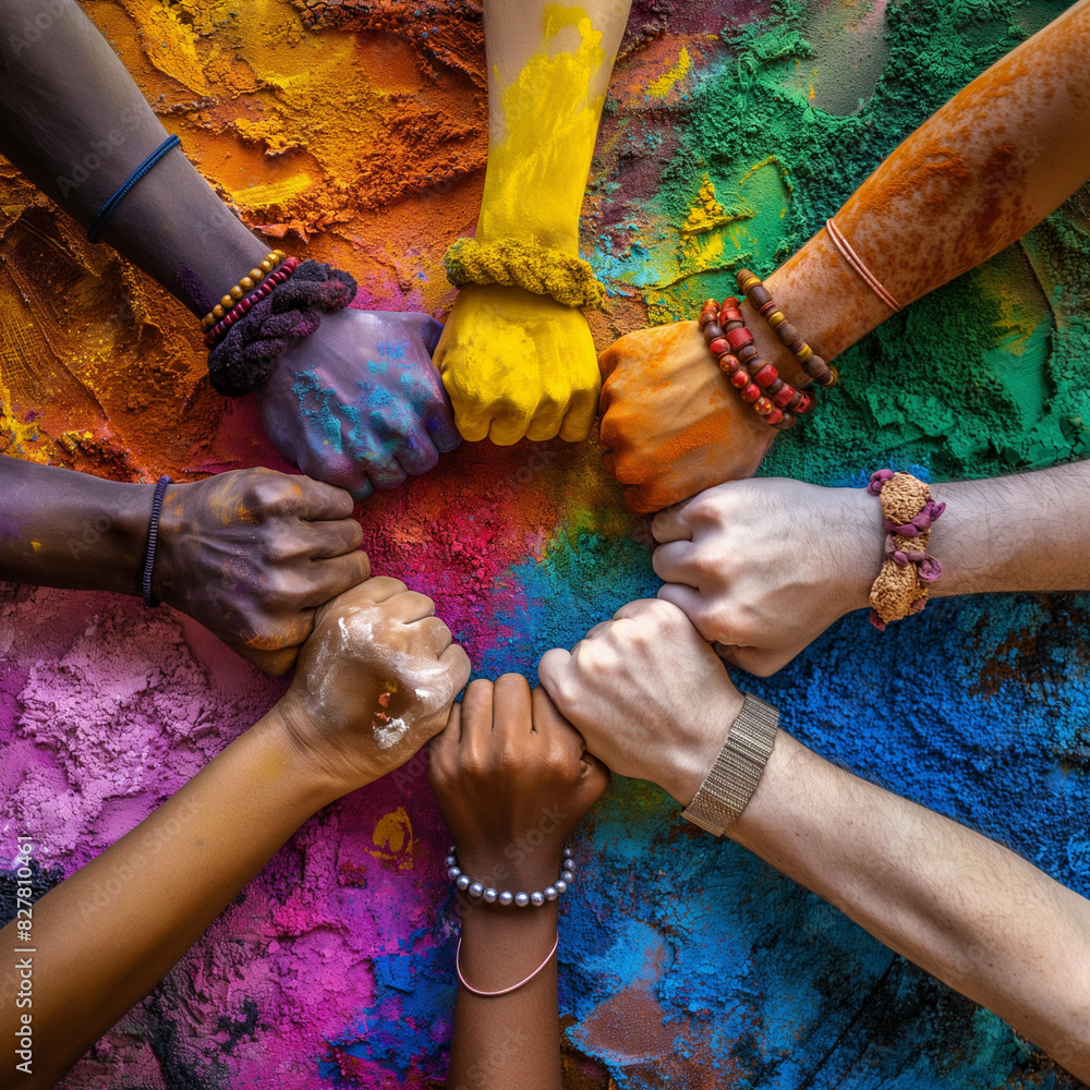 Fototapeta premium Close-up of hands joined in a circle. Individuality, unity, cultural differences, generating ai 
