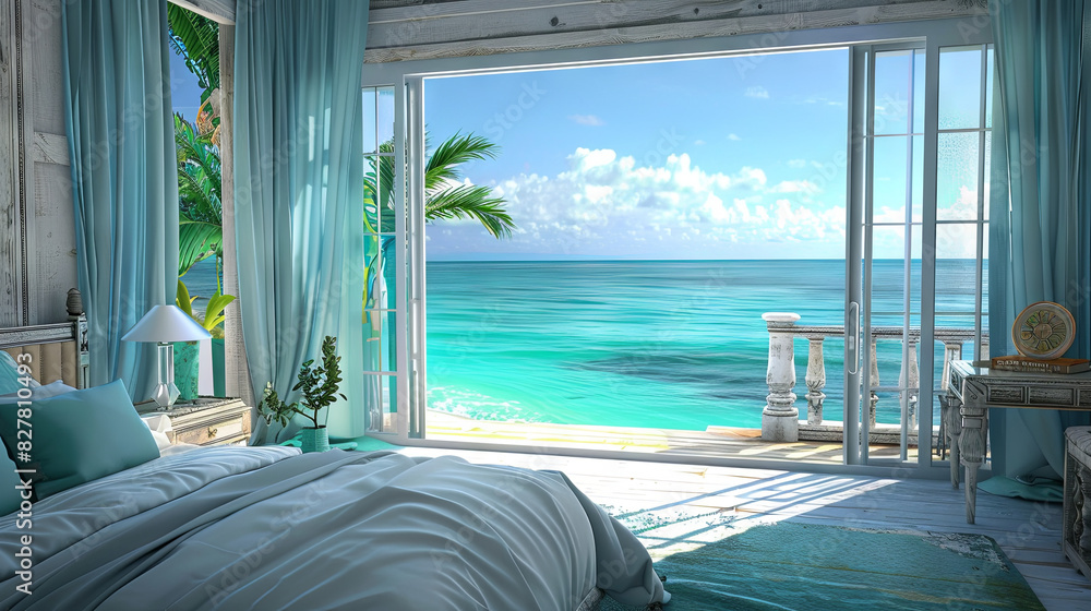Fototapeta premium A luxurious, bright bedroom with a view of the blue ocean