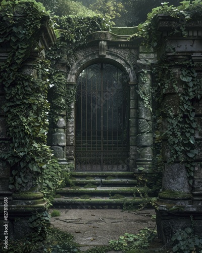 An ivy-covered gate, low-angle shot with thick ivy vines, ancient stone pillars covered in moss, evoking timeless beauty, bathed in natural light, stood grand and majestic.