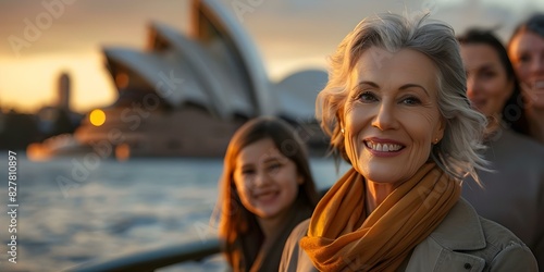 Portrait of a woman in her s smiling with family in front of Sydney Opera House. Concept Travel, Family, Portrait, Australia, Sydney Opera House photo