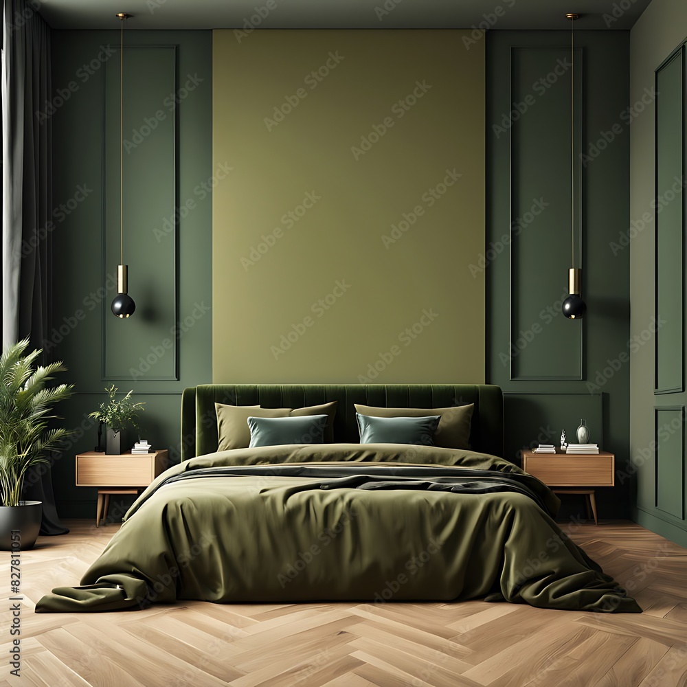 Modern Luxury Bedroom with Lime Olive Velor Bed and Khaki Green Wall. Minimalist Interior Design for Home or Hotel. Empty Mockup Wall for Art. Wood Parquet. 3D Render. Modern Luxury Bedroom with Lime Olive Velor Bed and Khaki Green Wall. Minimalist Interior Design for Home or Hotel. Empty Mockup Wall for Art. Wood Parquet. 3D Render.