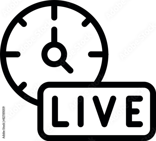 Flat line icon featuring a clock and 'live' sign, representing realtime broadcasting