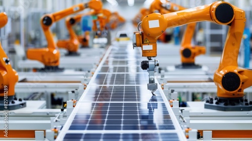  Line with Industrial Robot Arms at Modern Bright Factory. Solar Panels 
