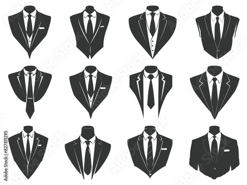 Business suits with tie silhouette set, suits tie silhouette, Flat Suit and Tie Icon, Tuxedo Silhouette, Stylish professional tuxedo.