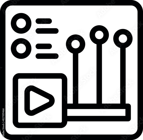 Black and white line icon representing a digital media control interface with play button and sliders